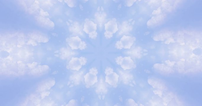 Blue Kaleidoscopic Video Background Loop. Geometrically symmetrical kaleidoscopic background. Interesting patterns of figures on the basis of clouds. 4k footage