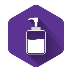 White Hand sanitizer bottle icon isolated with long shadow. Disinfection concept. Washing gel. Alcohol bottle for hygiene. Purple hexagon button. Vector Illustration