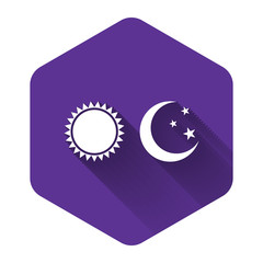 White Sun and moon icon isolated with long shadow. Weather daytime and night. Purple hexagon button. Vector Illustration