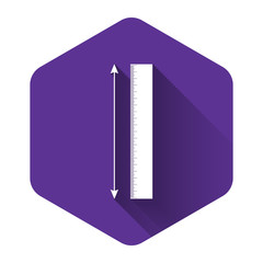 White The measuring height and length icon isolated with long shadow. Ruler, straightedge, scale symbol. Purple hexagon button. Vector Illustration