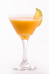 Mango drink on glass, yellow sweet drink