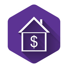White House with dollar icon isolated with long shadow. Home and money. Real estate concept. Purple hexagon button. Vector Illustration