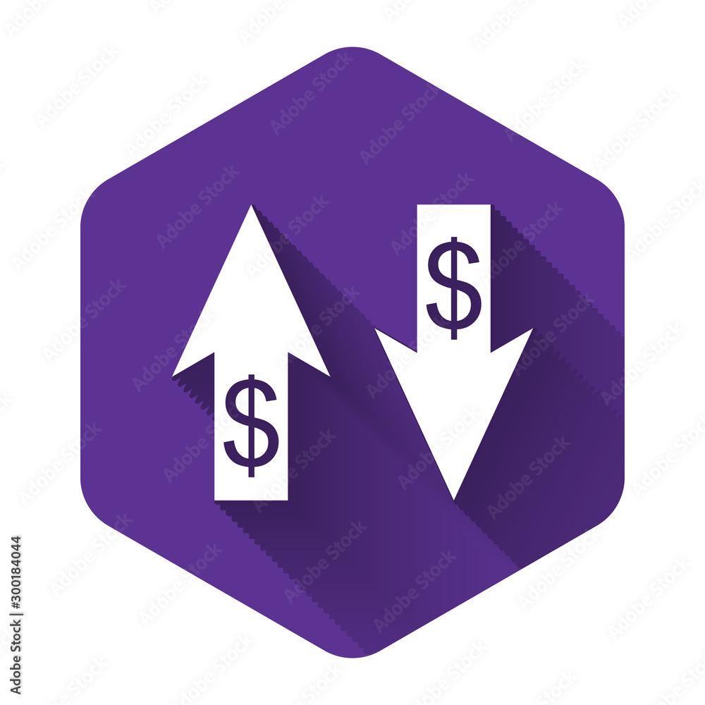 Poster white up and down arrows with dollar symbol icon isolated with long shadow. business concept. purple