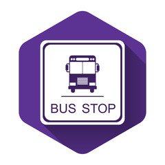 White Bus stop icon isolated with long shadow. Purple hexagon button. Vector Illustration