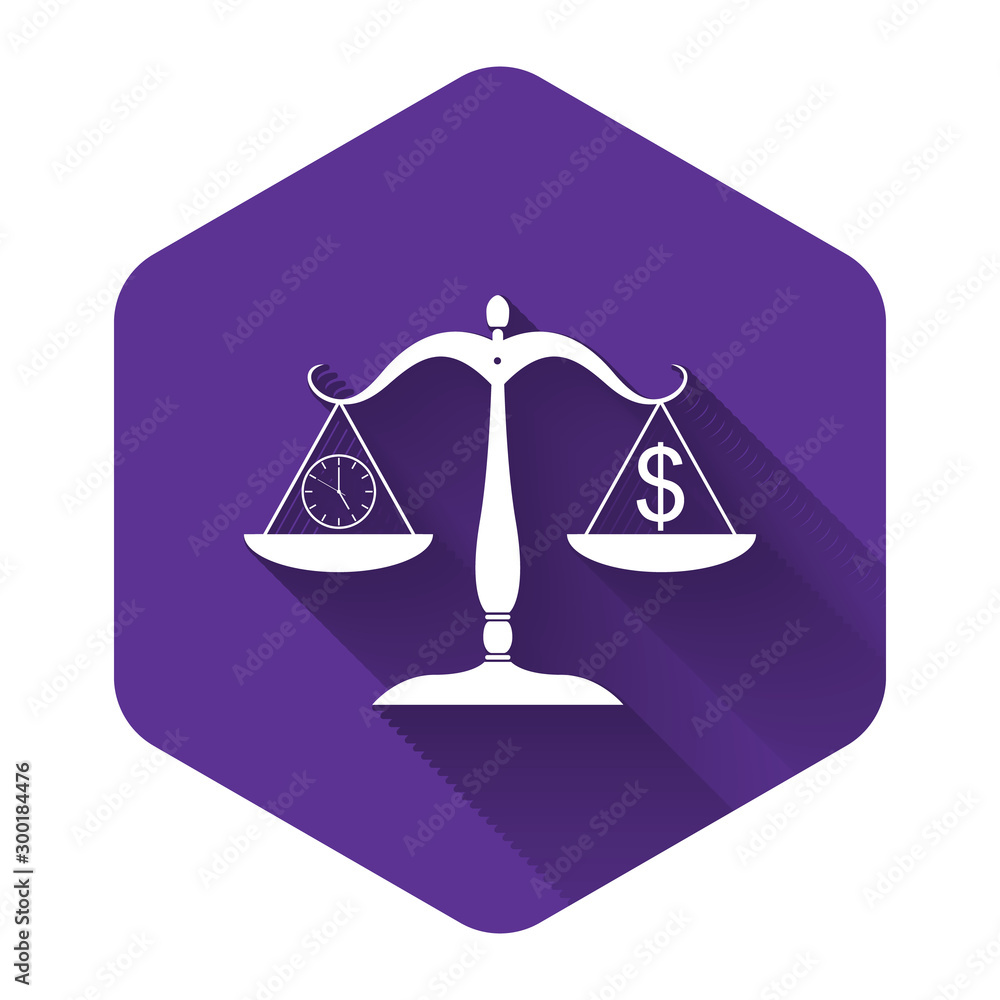 Poster white scale weighing money and time icon isolated with long shadow. scales with hours and a coin. ba