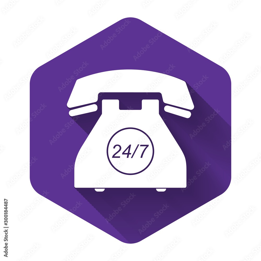 Poster white telephone 24 hours support icon isolated with long shadow. all-day customer support call-cente