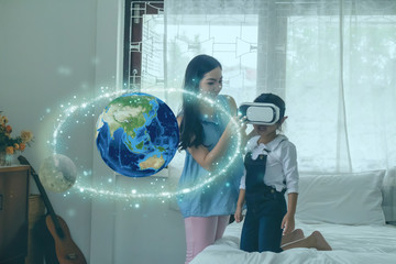 smart learning with augmented mixed virtual reality technology education concept, mother try to teach daughter by using artificial intelligence in subject in math, Science for creation, interaction,