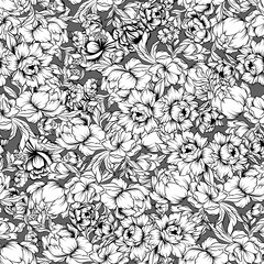 seamless pattern with line art drawings of peony - hand drawn vector illustration