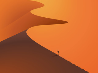 In a desert dunes with a man in the foreground. Sunset landscape. Vector EPS 10; - obrazy, fototapety, plakaty
