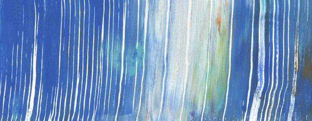 Abstract blue color line strip acrylic and watercolor painting. Monotype template. Canvas texture background. Horizontal long banner..