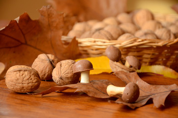  cookies and nuts on wooden background