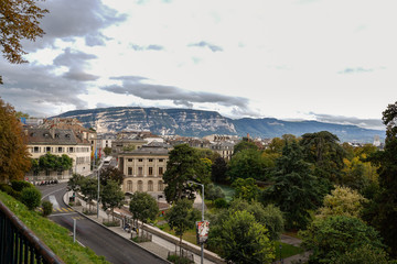Timelapse view of Geneva, Switzerland, with the Parc des Bastions on the right and the Saleve...
