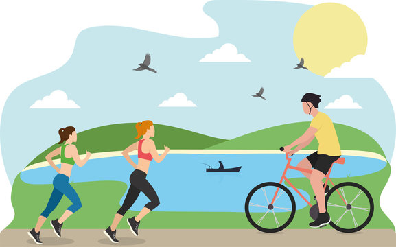 Cartoon Flat Active People City Dwellers Illustration. Vector Male and Female Sporty Characters Riding Bicycle, Going Scooter and Running. Healthy Recreation in Park. Outdoors Activities and Trainings