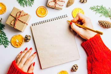 2020 goals plans dreams. New Year concept writing in notebook. Eco style. Female hands, red knitted sweater, gift box, thuja branches, dried oranges, cones on white background. Flat lay. Top view