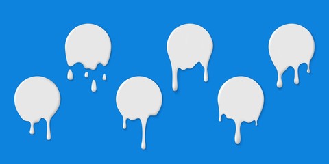 Milk labels with drips. Milkshake melt circle stickers with drops. White paint blobs, yogurt dessert dripping fluid splashes vector set - obrazy, fototapety, plakaty