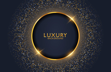 Luxury elegant background with shiny gold circle element and dots particle on dark black metal surface. Business presentation layout