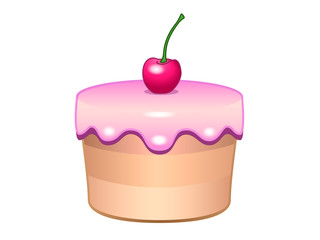 Cherry biscuit cake - sweet pastries. Creamy cherry covered cupcake. Cupcake with icing and cherry - vector full color picture of a confectionery.