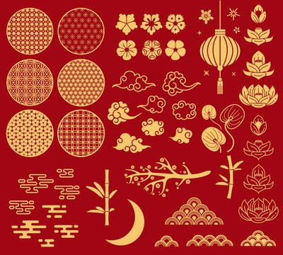 Chinese new year elements. Festive asian ornaments, patterns in oriental style. Clouds, moon and bamboo, sakura and lotus flower vector set