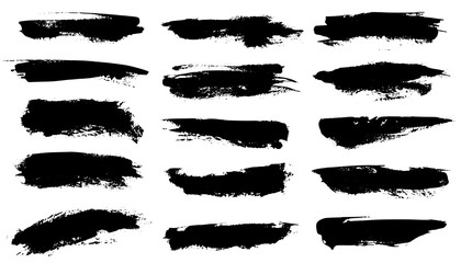 Grunge brushes. Black paint strokes, ink paintbrush texture. Brushstroke stain grungy drawing frame borders, isolated vector set