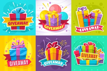 Giveaway post. Give away gift announcement, winner contest reward and christmas prize for social media posts and website vector flyers
