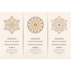 Wedding invitation cards Eastern style. Arabic  Pattern. Mandala ornament. Frame with flowers elements. Vector illustration.