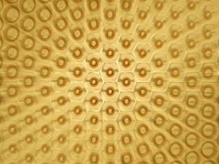 Background of tiled gold hexagon extruded to different lengths. Parametric Design. Gold drops of different sizes, abstract technology. 3d rendering.