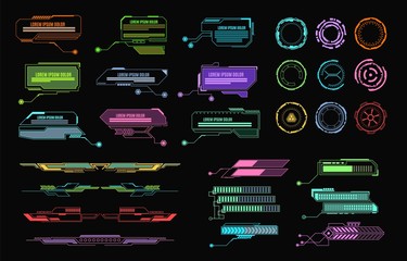 Hud elements. Futuristic callout bar, modern digital info boxes layout. Call bars gadget game app interface vector isolated set