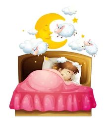 Fototapete Wolken Mädchen schläft im Bett und träumt von Schafen