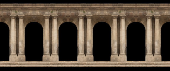 Elements of architecture of buildings, ancient arches, columns, windows and apertures. On the streets in Catalonia, public places.