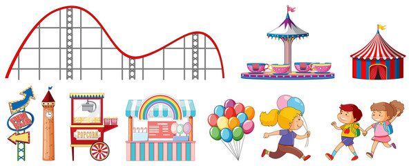 Isolated objects from circus theme with children and rides