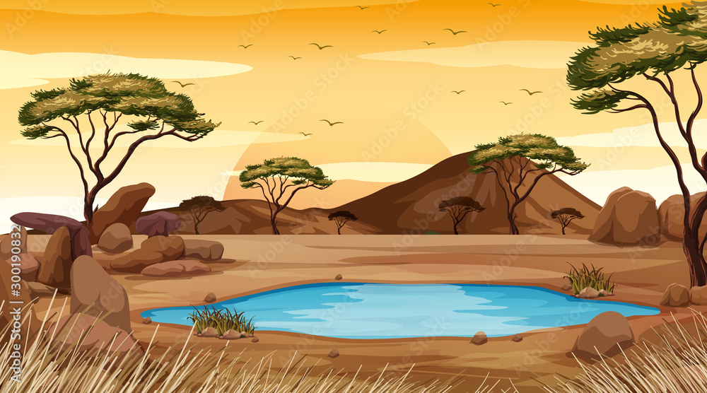 Wall mural Background scene with pond in the desert land