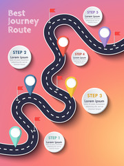 The Best Journey Route. Road trip and Journey route. Business and Journey Infographic Design Template with flags and place for your data. Winding road on a colorful background. Vector EPS 10