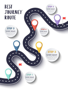 The Best Journey Route. Road trip and Journey route. Business and Journey Infographic Design Template with flags and place for your data. Winding road on a colorful background. Vector EPS 10