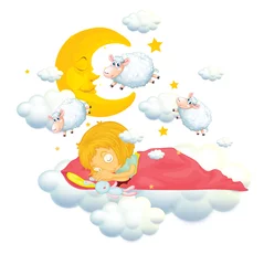 Fototapete Wolken Mädchen im Bett träumt und zählt Schafe