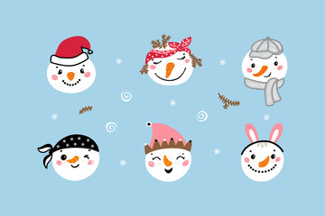 Set of Cute Snowman Faces. Cartoon Funny Doodle Snowman Heads Vector Collection. Winter Holidays, Christmas and New Year Design
