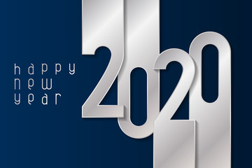 Happy New Year 2020 poster with silver numbers. Winter holidays greeting or invitation. Vector illustration on blue background.