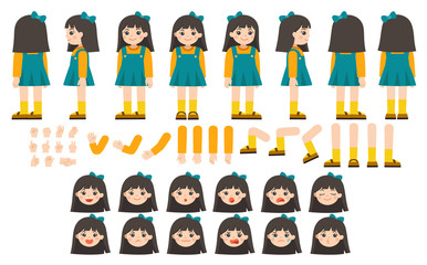 Mascot creation kit of little girl for different poses . Vector constructor with various views, emotions, poses and gestures. Schoolgirl character creation set.