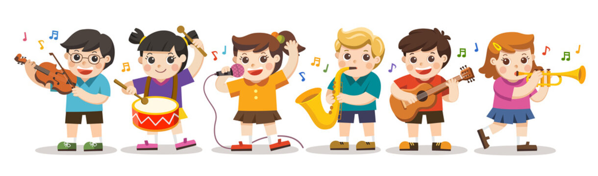 School kids playing musical instruments. Hobbies and interests. Happy Children Performance.