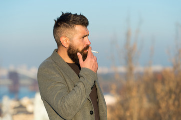 Cigarette tobacco harmful health influence. Smoking aesthetics. Smoking devices concept. Bearded...