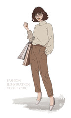 Stylish shopaholic girl with big glasses. Fashion illustration in nude colors. A woman in trousers, a cashmere sweater and shoes holds paper bags.