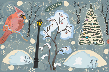 Cute Winter Background with Lovely Bird and Christmas Tree, pastel blue background with different doodles.