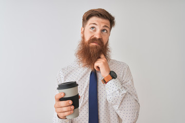 Young redhead irish man drinking take away coffee standing over isolated white background serious...