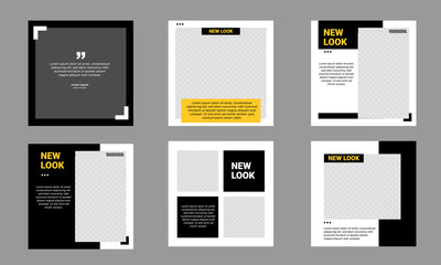 Set of Editable minimal square banner template. Black and yellow background color with stripe line shape. Suitable for social media post and web internet ads. Vector illustration with photo college