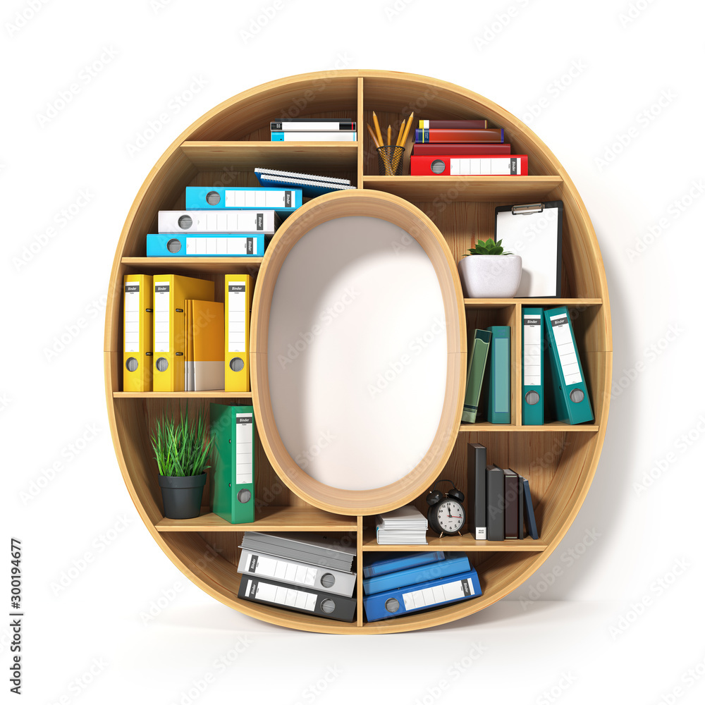 Poster letter o. alphabet in the form of shelves with file folder, binders and books isolated on white. arc