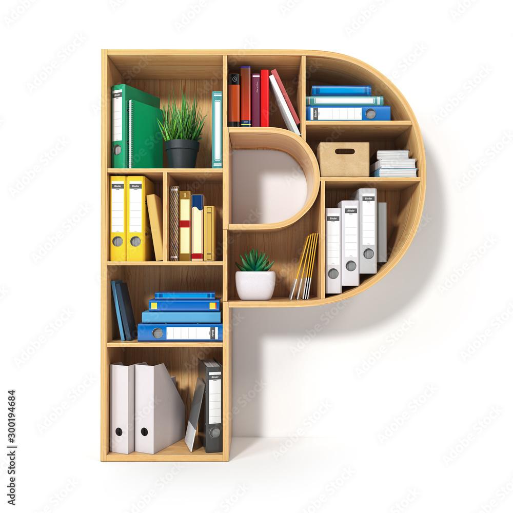 Poster letter p. alphabet in the form of shelves with file folder, binders and books isolated on white. arc
