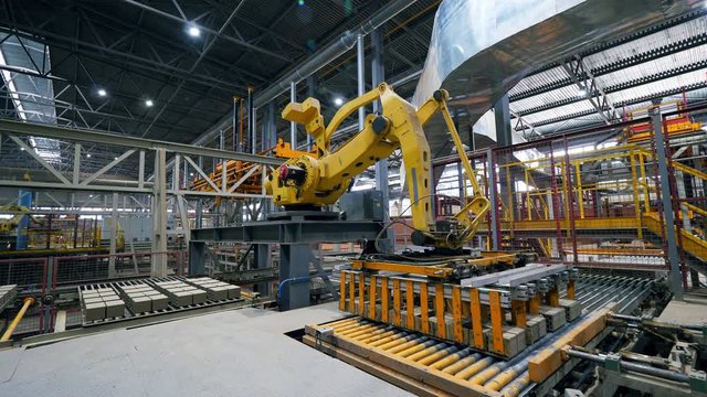 Automated machine puts bricks on a conveyor at a modern factory.