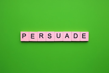Persuade word wooden cubes on the green background.