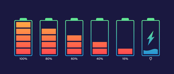 Set battery with different level of charge. Car battery indicator, battery charge signs. Wireless charging energy sign. Vector graphic design