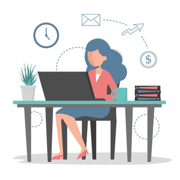 Young woman work on computer in the office vector isolated