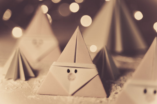 Origami Xmas Scene With Santa Claus And Crhistmas Trees In Paper Craft, Sepia Tone